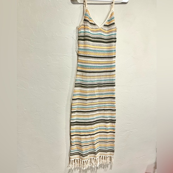 Unbranded Dresses & Skirts - Womens Multi‎ Color Striped Crochet Knit Midi Dress Fringe Hem V-Neck M Festival